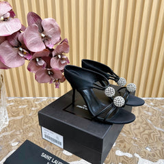 SL POM CIRCLE CRYSTAL HEELED SANDALS BLACK SATIN