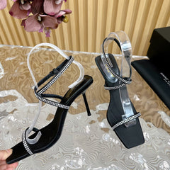 SL STRAP WHITE CRYSTAL HIGH SANDAL BLACK SATIN