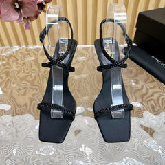SL STRAP CRYSTAL HIGH SANDAL BLACK SATIN