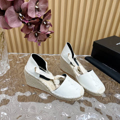 SL WEDGE SANDALS WHITE CALFSKIN AND STRAW