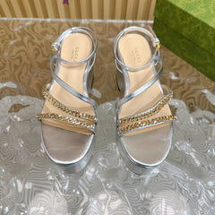 GG PLATFORM SANDAL SILVER CALFSKIN WITH CHAINS