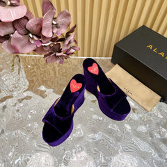 ALAIA PLATFORM WEDGE IN VIOLET PURPLE VELVET WITH HEART EMBROIDERED