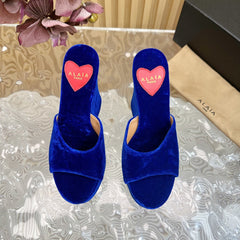 ALAIA PLATFORM WEDGE IN COBALT BLUE VELVET WITH HEART EMBROIDERED