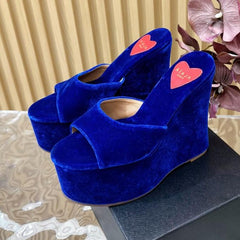 ALAIA PLATFORM WEDGE IN COBALT BLUE VELVET WITH HEART EMBROIDERED