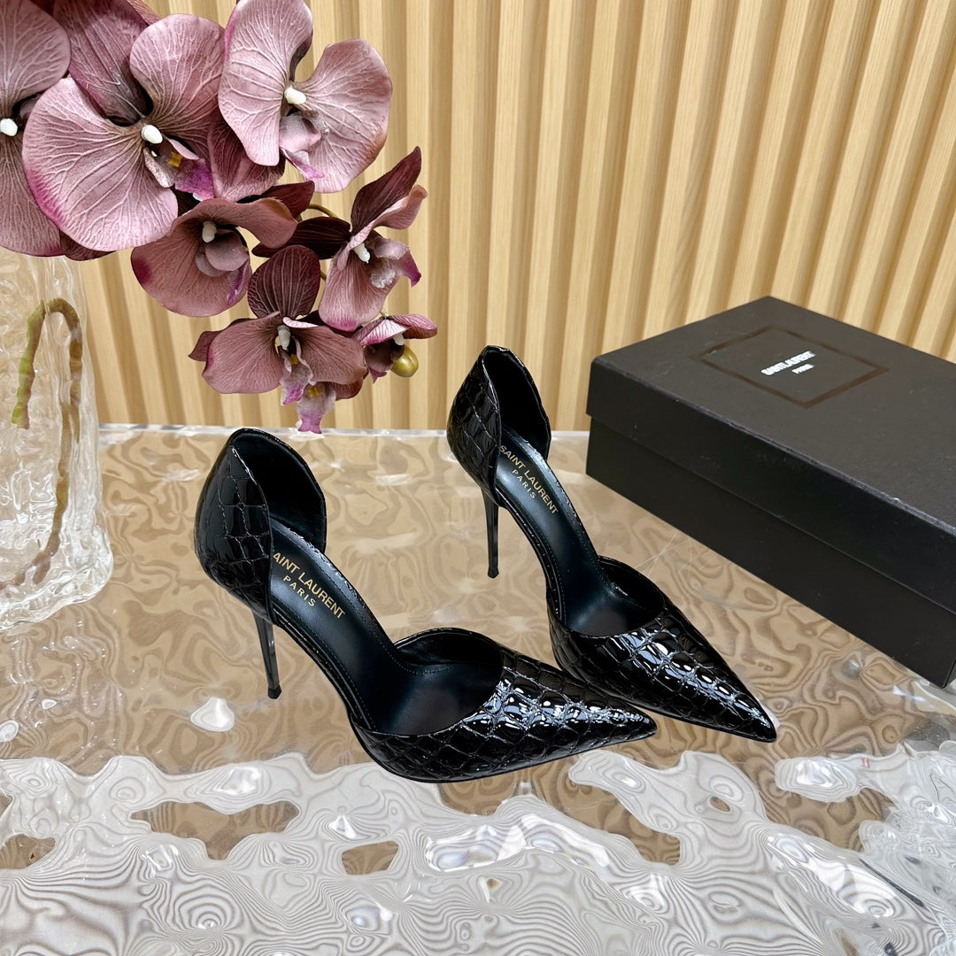 SL CROCODILE-EFFECT STILETTO PUMP BLACK CALFSKIN