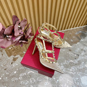 ROCKSTUD MIRROR-EFFECT PUMP WITH MATCHING STRAPS AND STUDS 95 MM GOLD CALFSKIN  AND MESH