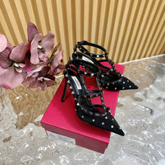 ROCKSTUD MIRROR-EFFECT PUMP WITH MATCHING STRAPS AND STUDS 95 MM BLACK CALFSKIN  AND MESH