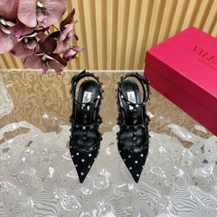 ROCKSTUD MIRROR-EFFECT PUMP WITH MATCHING STRAPS AND STUDS 95 MM BLACK CALFSKIN  AND MESH