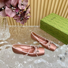BALLET FLAT IN CORAL PINK SILK WITH SILVER HARDWARE