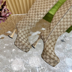 PLATFORM KNEE BOOTS IN ECRU BEIGE MONOGRAM CANVAS AND SHEEPSKIN LINING