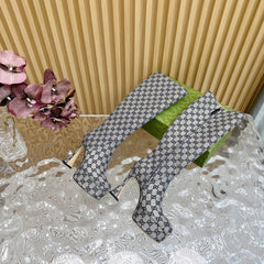 PLATFORM KNEE BOOTS IN LIGHT GRAY MONOGRAM CANVAS AND SHEEPSKIN LINING