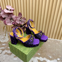 HORSEBIT HIGH-HEEL SANDAL WITH LEOPARD PRINT IN PURPLE VELVET AND CALFSKIN LINING