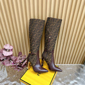 FF BOOTIES HIGH BOOTS IN SANGRIA PURPLE CALFSKIN AND MEDIUM BROWN MONOGRAM FF FABRIC