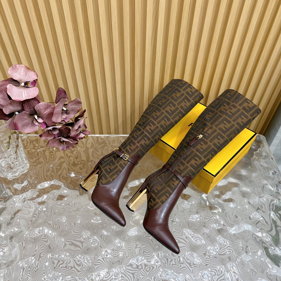 FF BOOTIES HIGH BOOTS IN SANGRIA PURPLE CALFSKIN AND MEDIUM BROWN MONOGRAM FF FABRIC