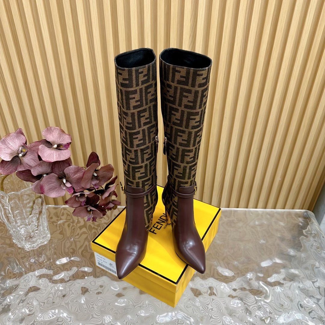 FF BOOTIES HIGH BOOTS IN SANGRIA PURPLE CALFSKIN AND MEDIUM BROWN MONOGRAM FF FABRIC