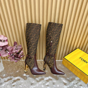 FF BOOTIES HIGH BOOTS IN SANGRIA PURPLE CALFSKIN AND MEDIUM BROWN MONOGRAM FF FABRIC