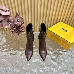 FF BOOTIES BOOTS IN SANGRIA PURPLE CALFSKIN AND MONOGRAM FF FABRIC