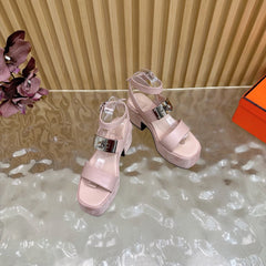 HM 25S CLASSIC WEDGE SANDALS 70 MM IN LIGHT PINK LAMBSKIN WITH SILVER HARDWARE
