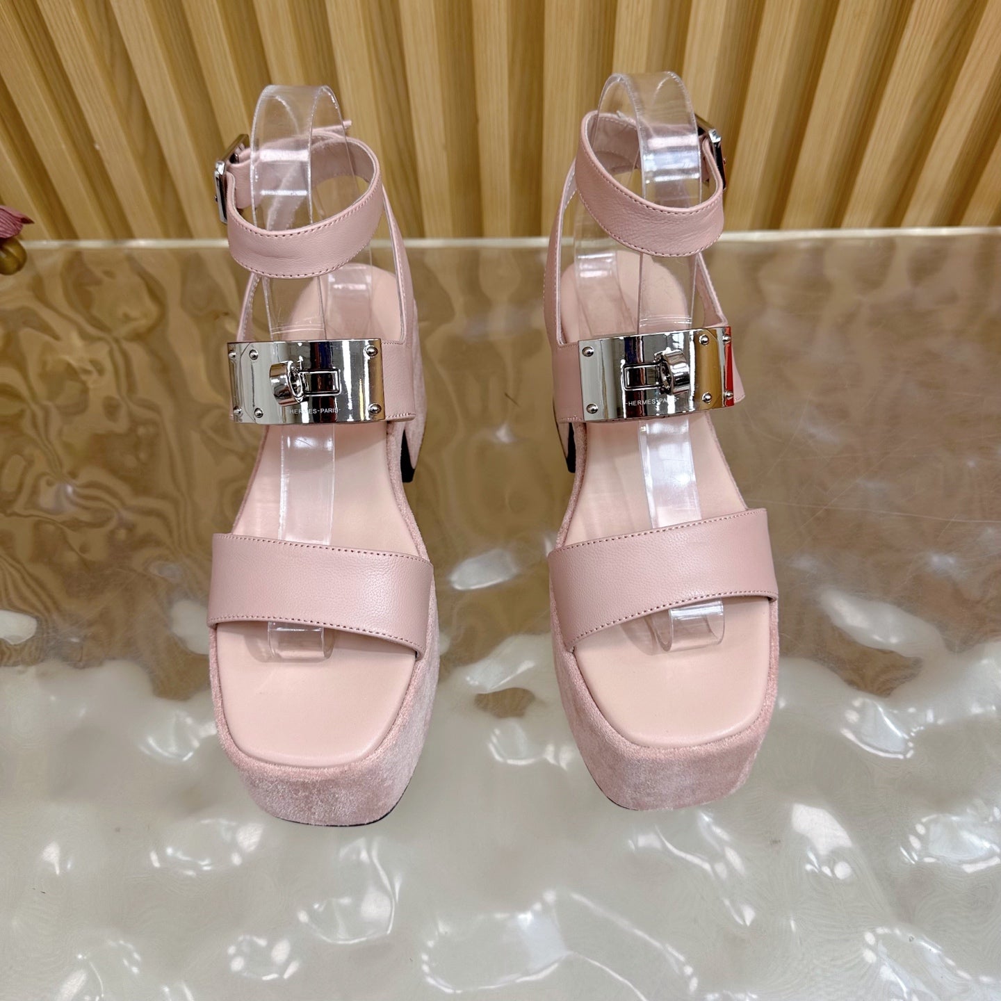 HM 25S CLASSIC WEDGE SANDALS 70 MM IN LIGHT PINK LAMBSKIN WITH SILVER HARDWARE