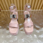 HM 25S CLASSIC WEDGE SANDALS 70 MM IN LIGHT PINK LAMBSKIN WITH SILVER HARDWARE