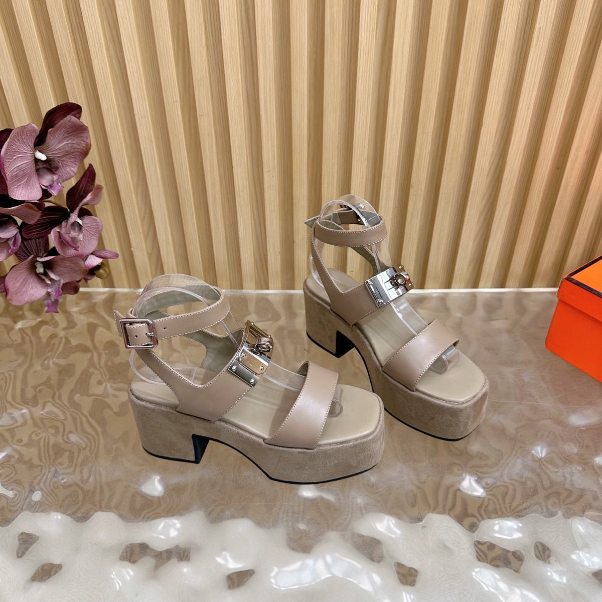 HM 25S CLASSIC WEDGE SANDALS 70 MM IN TAUPE BEIGE LAMBSKIN WITH SILVER HARDWARE