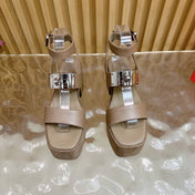 HM 25S CLASSIC WEDGE SANDALS 70 MM IN TAUPE BEIGE LAMBSKIN WITH SILVER HARDWARE