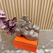 HM 25S CLASSIC WEDGE SANDALS 70 MM IN TAUPE BEIGE LAMBSKIN WITH SILVER HARDWARE