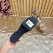 HM 25S CLASSIC WEDGE SANDALS 70 MM IN TAUPE BEIGE LAMBSKIN WITH SILVER HARDWARE