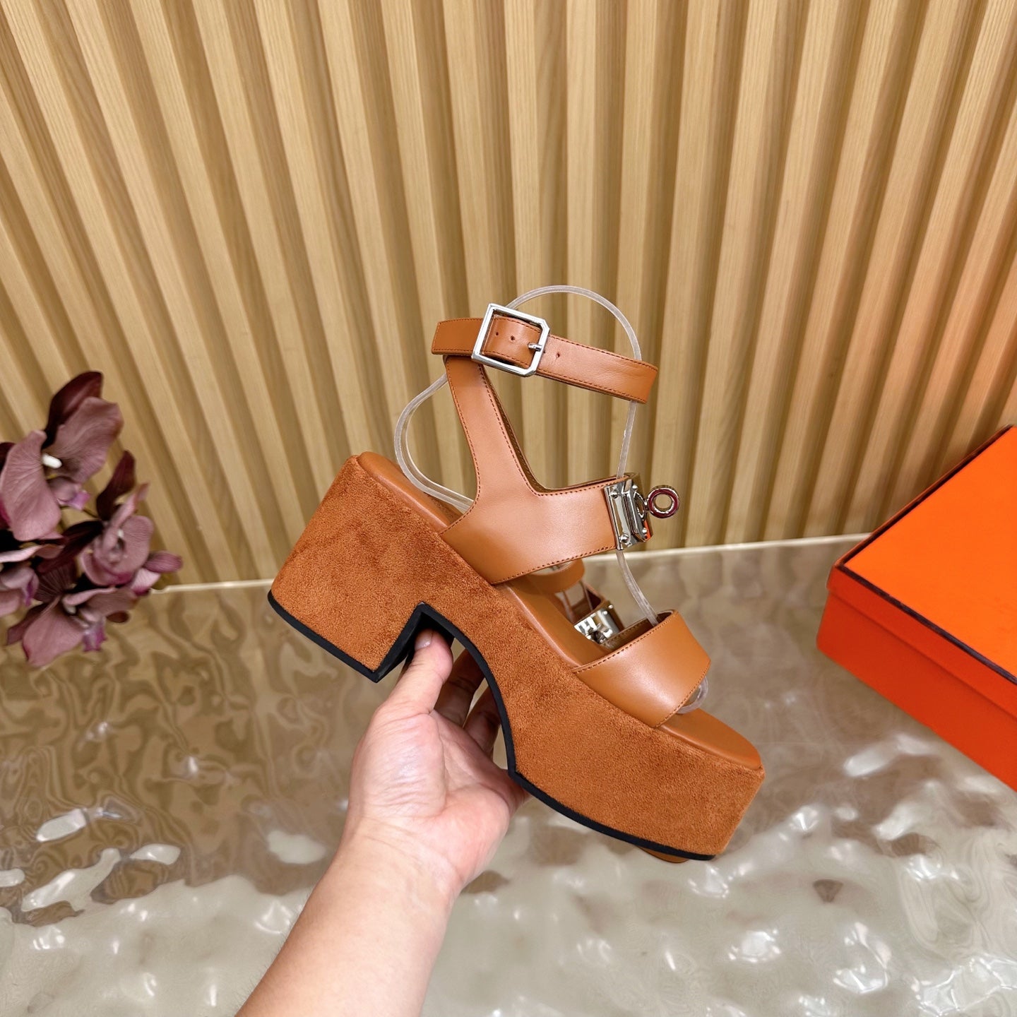 HM 25S CLASSIC WEDGE SANDALS 70 MM IN BROWN LAMBSKIN WITH SILVER HARDWARE