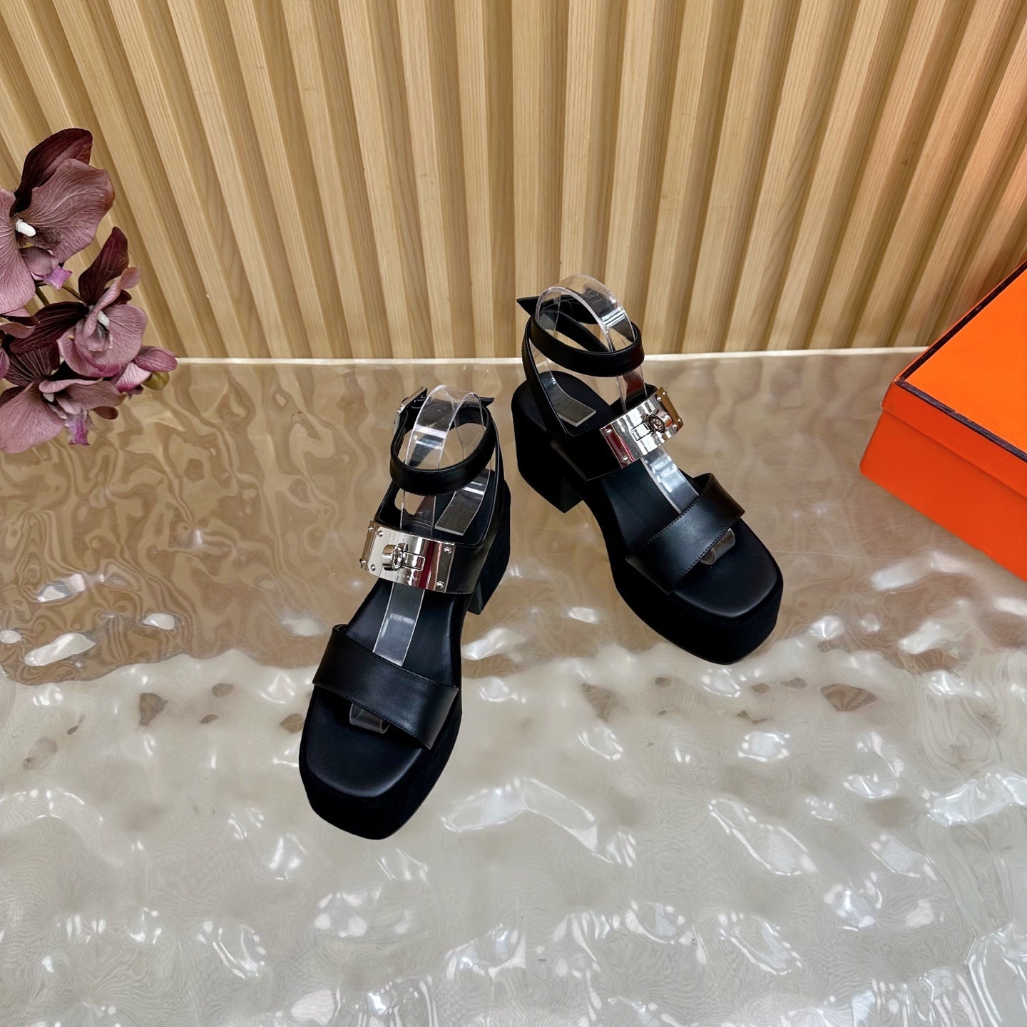 HM 25S CLASSIC WEDGE SANDALS 70 MM IN BLACK LAMBSKIN WITH SILVER HARDWARE