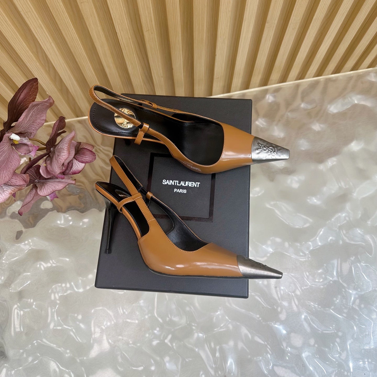YSL 25S HIGH-HEEL SLINGBACKS 105 MM IN CAMEL BROWN LAMBSKIN AND SILVER HARDWARE