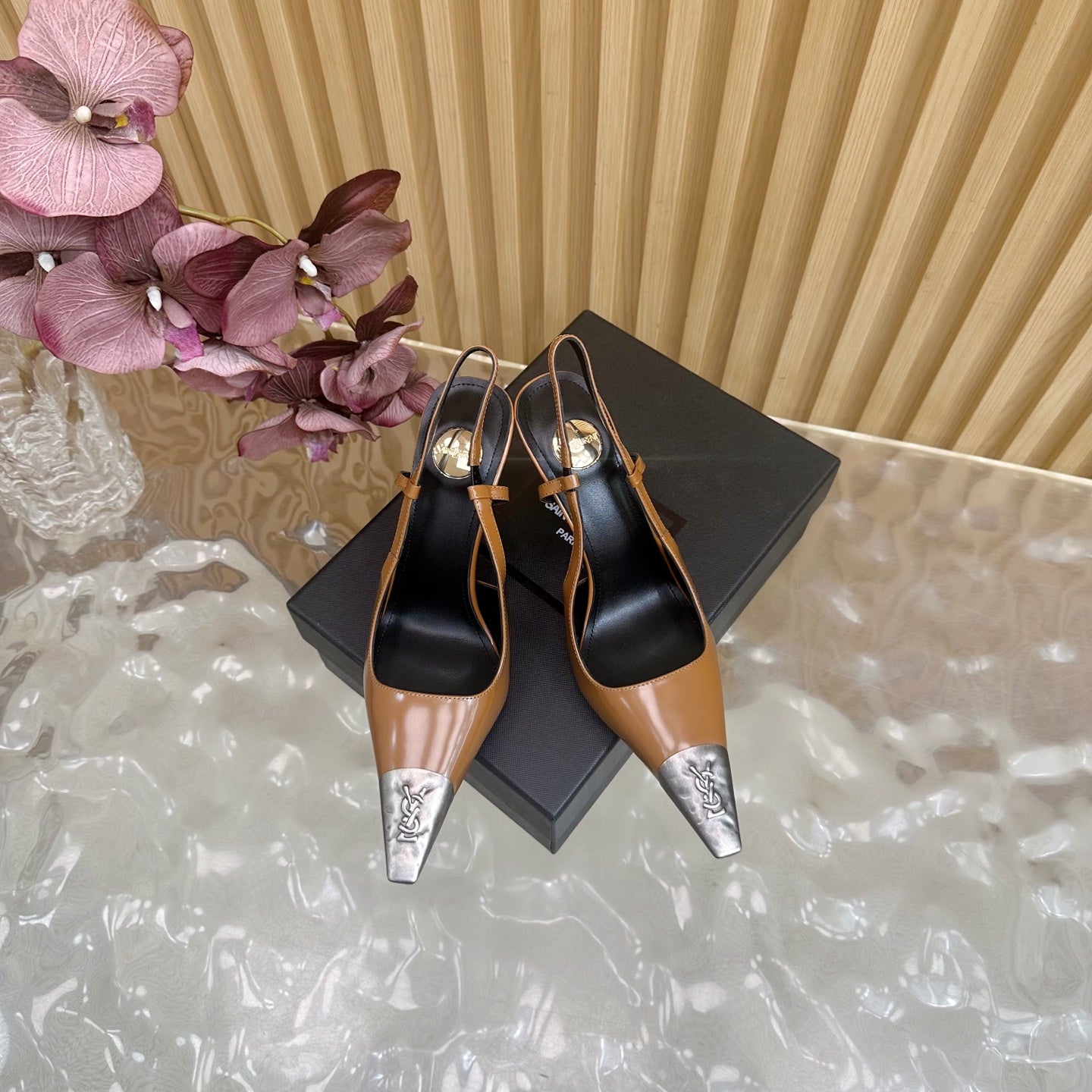 YSL 25S HIGH-HEEL SLINGBACKS 85 MM IN CAMEL BROWN LAMBSKIN AND SILVER HARDWARE