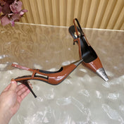 YSL 25S HIGH-HEEL SLINGBACKS 105 MM IN REDWOOD BROWN LAMBSKIN AND SILVER HARDWARE