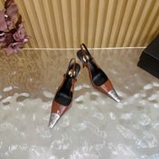 YSL 25S HIGH-HEEL SLINGBACKS 105 MM IN REDWOOD BROWN LAMBSKIN AND SILVER HARDWARE