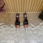 YSL 25S HIGH-HEEL SLINGBACKS 85 MM IN REDWOOD BROWN LAMBSKIN AND SILVER HARDWARE