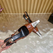 YSL 25S HIGH-HEEL SLINGBACKS 105 MM IN REDWOOD BROWN LAMBSKIN AND SILVER HARDWARE