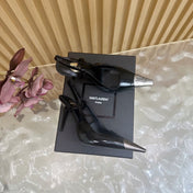 YSL 25S HIGH-HEEL SLINGBACKS 105 MM IN BLACK SHINY LAMBSKIN AND SILVER HARDWARE