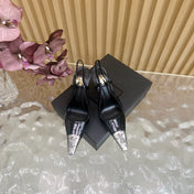 YSL 25S HIGH-HEEL SLINGBACKS 85 MM IN BLACK SHINY LAMBSKIN AND SILVER HARDWARE