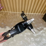 YSL 25S HIGH-HEEL SLINGBACKS 85 MM IN BLACK SHINY LAMBSKIN AND SILVER HARDWARE