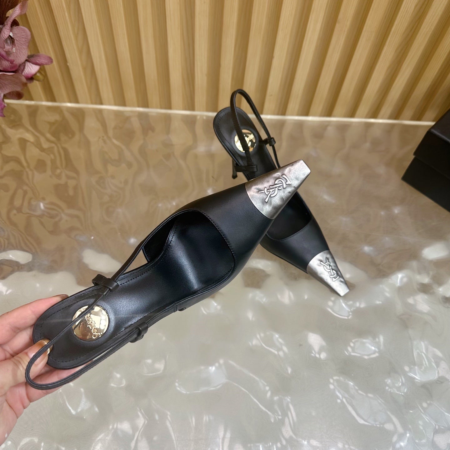 YSL 25S HIGH-HEEL SLINGBACKS 105 MM IN BLACK LAMBSKIN AND SILVER HARDWARE