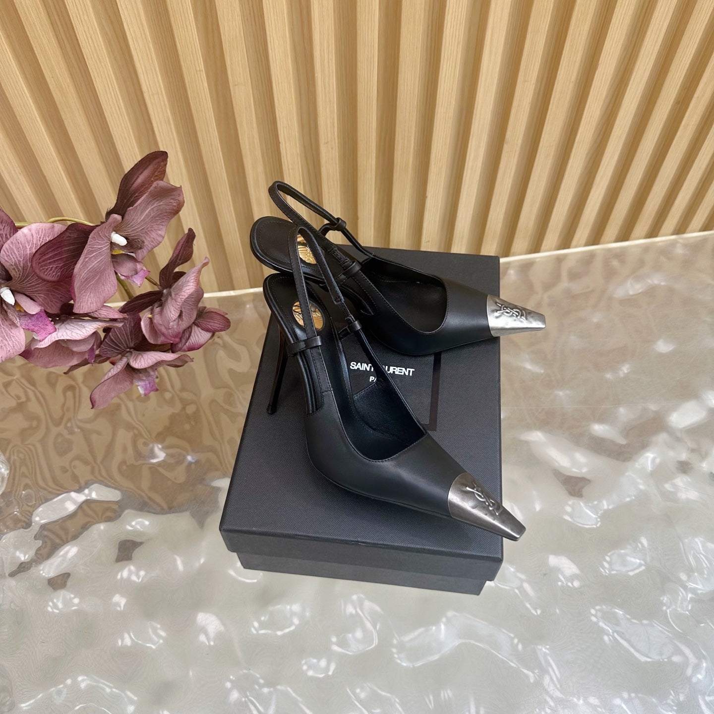 YSL 25S HIGH-HEEL SLINGBACKS 85 MM IN BLACK LAMBSKIN AND SILVER HARDWARE