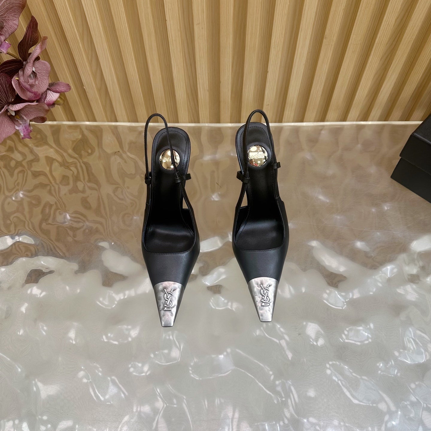 YSL 25S HIGH-HEEL SLINGBACKS 85 MM IN BLACK LAMBSKIN AND SILVER HARDWARE