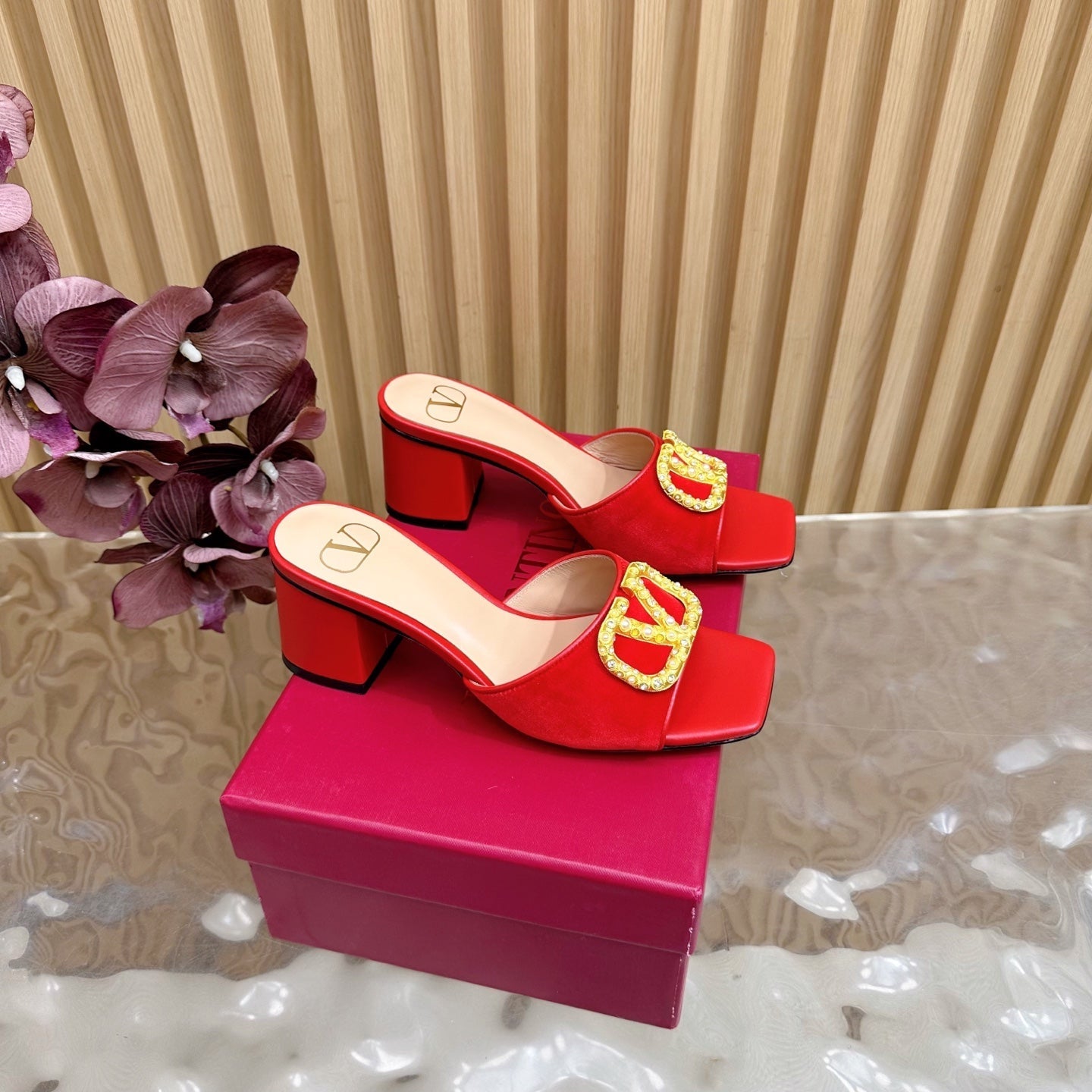 VALENTINO 25S HIGH-HEEL MULES 60 MM IN RED VELVET AND CALFSKIN WITH GOLD HARDWARE