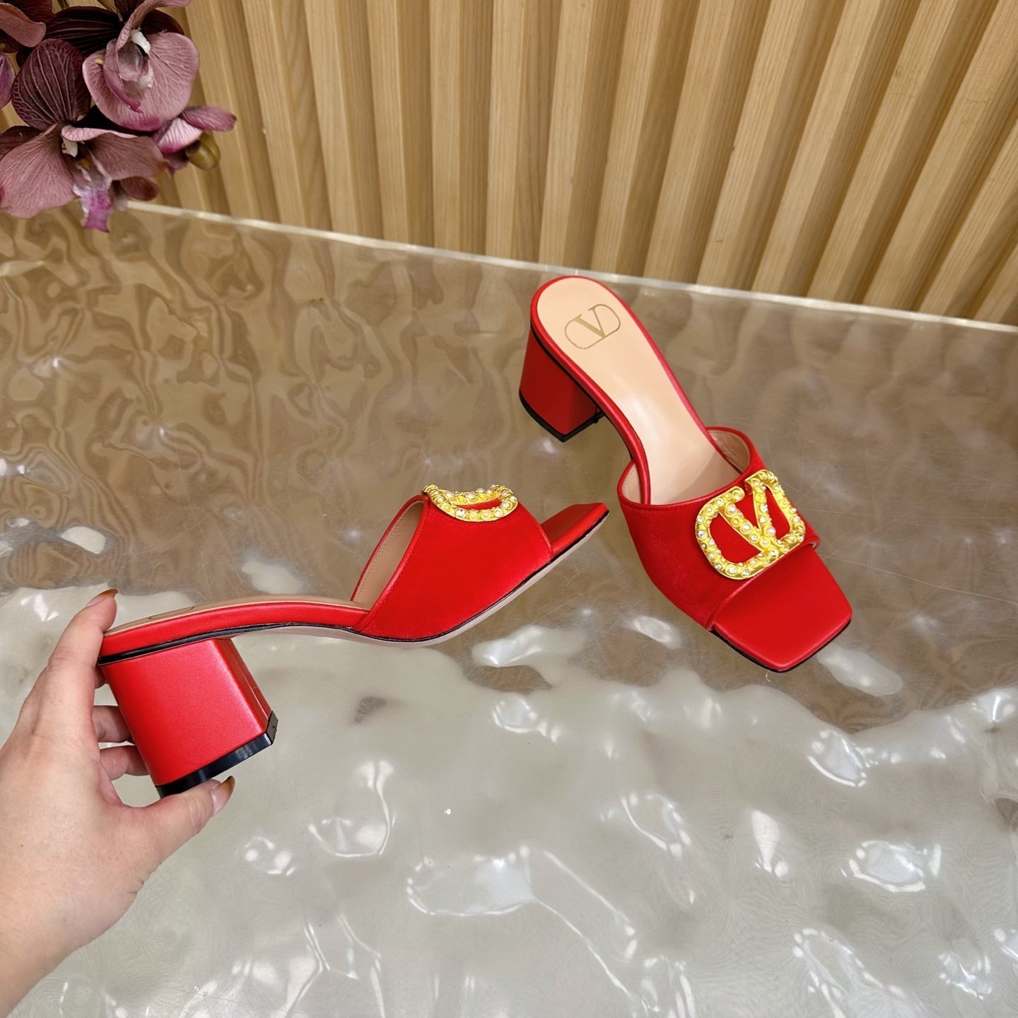 VALENTINO 25S HIGH-HEEL MULES 60 MM IN RED VELVET AND CALFSKIN WITH GOLD HARDWARE