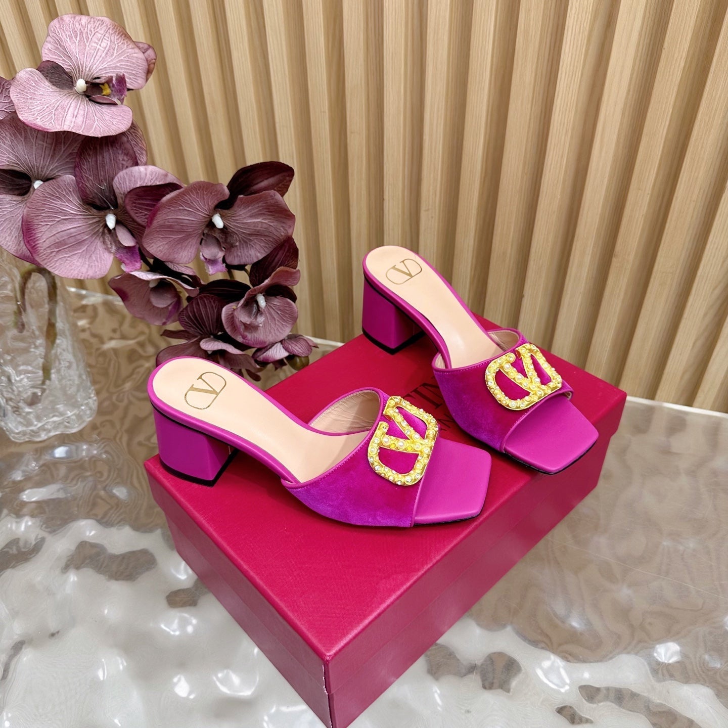VALENTINO 25S HIGH-HEEL MULES 60 MM IN DARK PINK VELVET AND CALFSKIN WITH GOLD HARDWARE