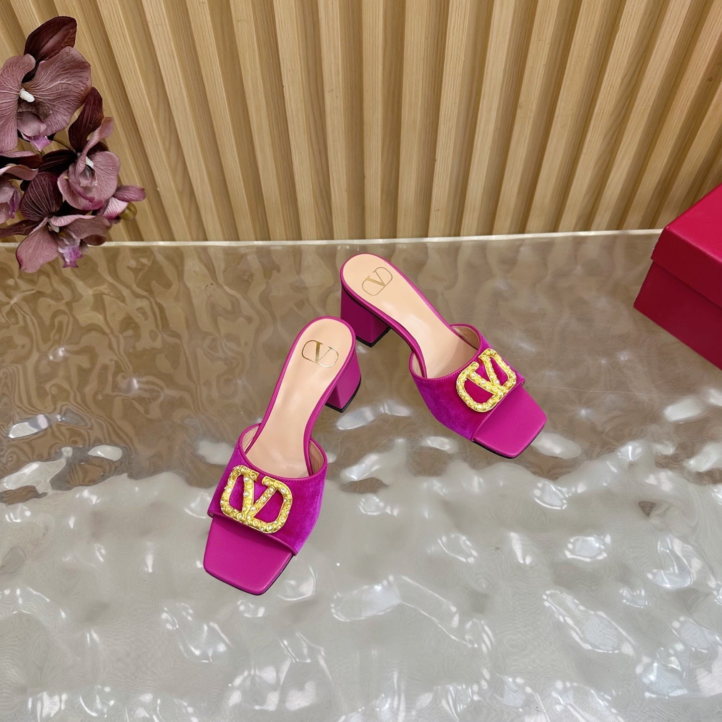 VALENTINO 25S HIGH-HEEL MULES 60 MM IN DARK PINK VELVET AND CALFSKIN WITH GOLD HARDWARE