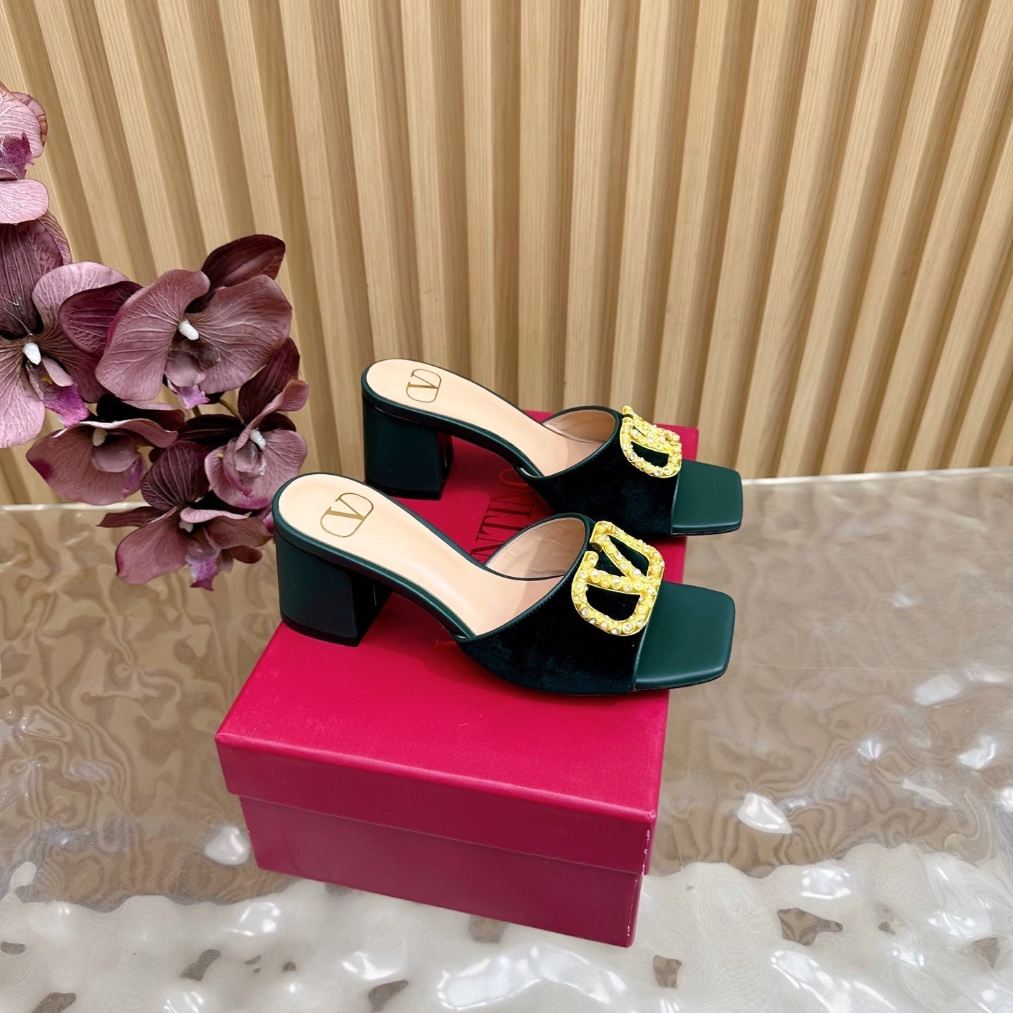 VALENTINO 25S HIGH-HEEL MULES 60 MM IN DARK GREEN VELVET AND CALFSKIN WITH GOLD HARDWARE
