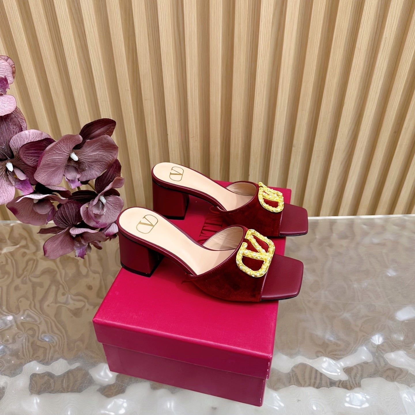 VALENTINO 25S HIGH-HEEL MULES 60 MM IN DARK RED VELVET AND CALFSKIN WITH GOLD HARDWARE