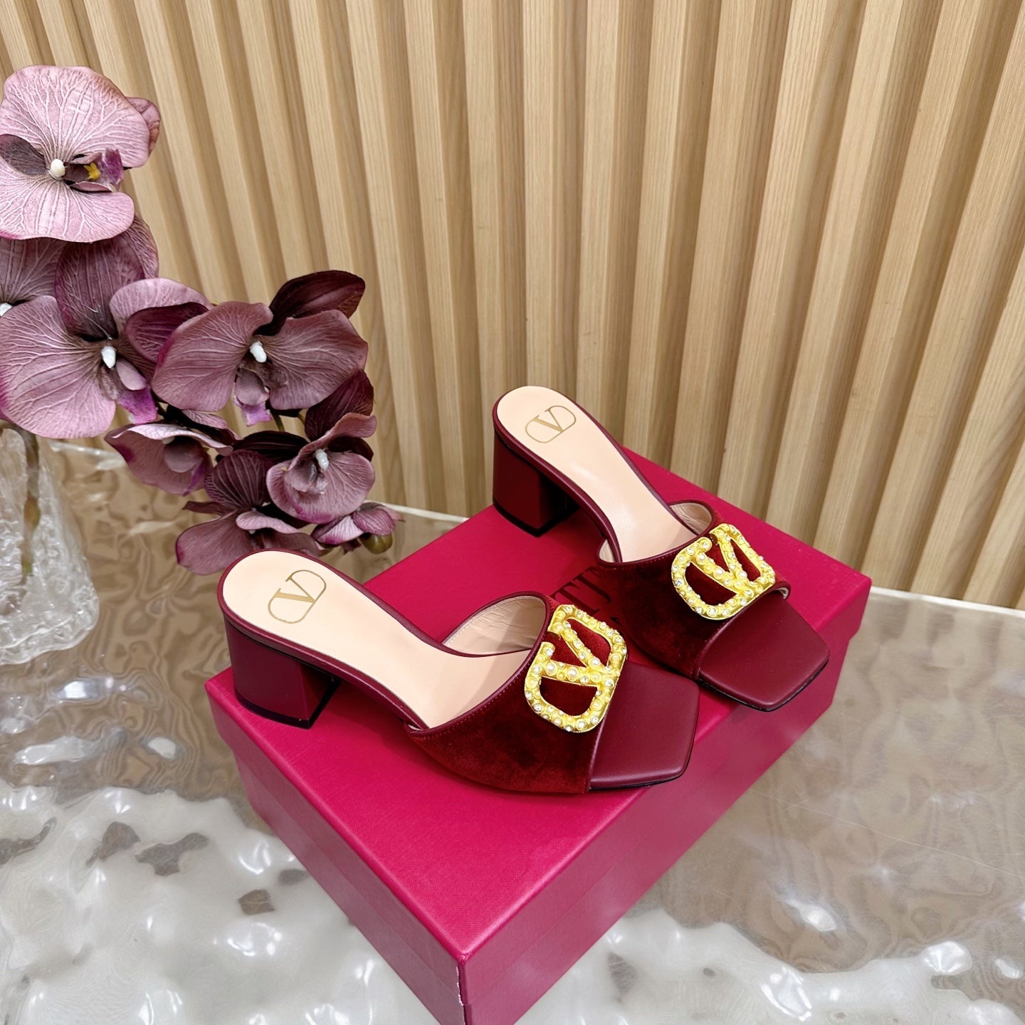 VALENTINO 25S HIGH-HEEL MULES 60 MM IN DARK RED VELVET AND CALFSKIN WITH GOLD HARDWARE