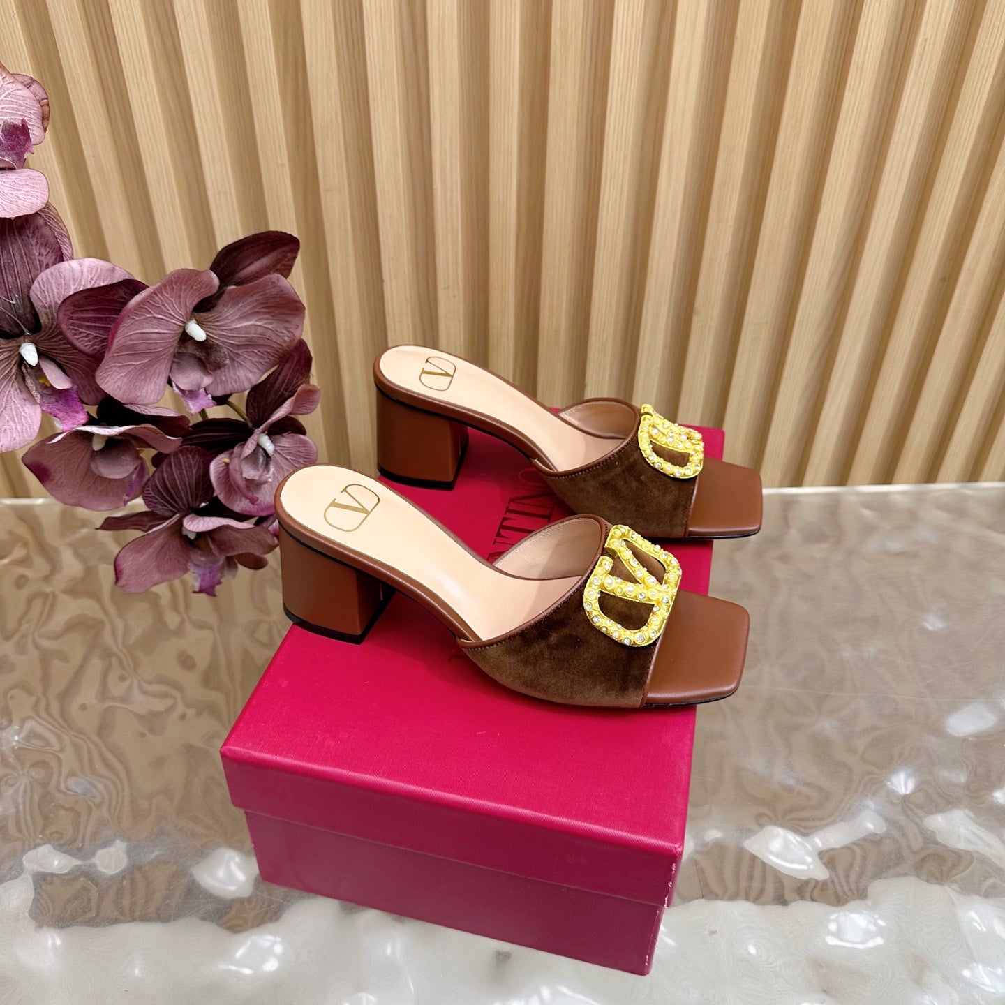 VALENTINO 25S HIGH-HEEL MULES 60 MM IN BROWN VELVET AND CALFSKIN WITH GOLD HARDWARE